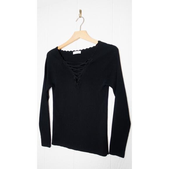 SANDRO Black Ribbed Lace Up Long Sleeve Sweater Top LARGE - Picture 4 of 10